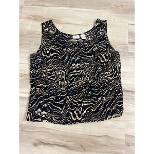 Erika Women Animal Print Crinkle Tank Top Black Tan Scoop Neck Sleeveless Medium